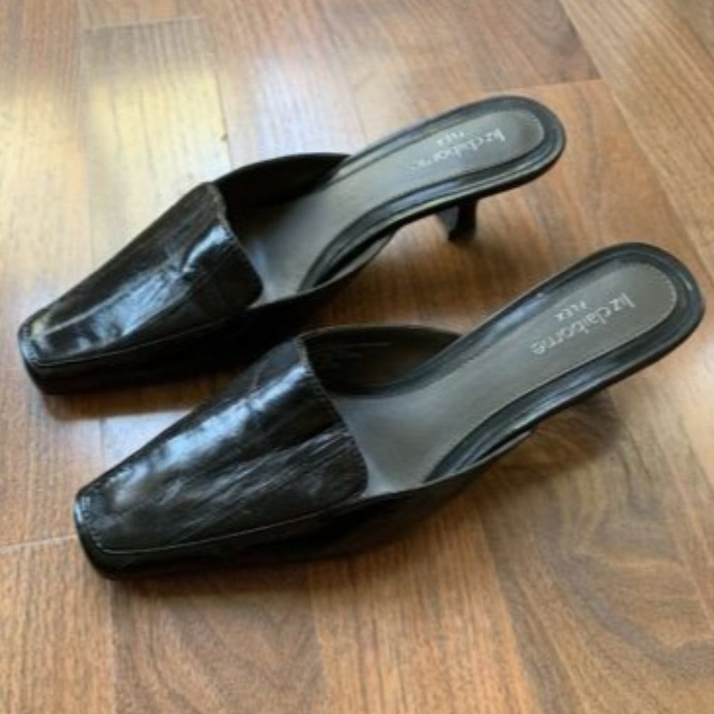 Liz Claiborne Flex Womens Leather Square Toe Slide Heels Eel Skin Y2K 7 M